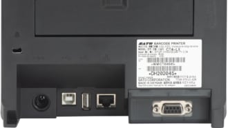 Back view of CT4-LX label printer showing the connection interfaces